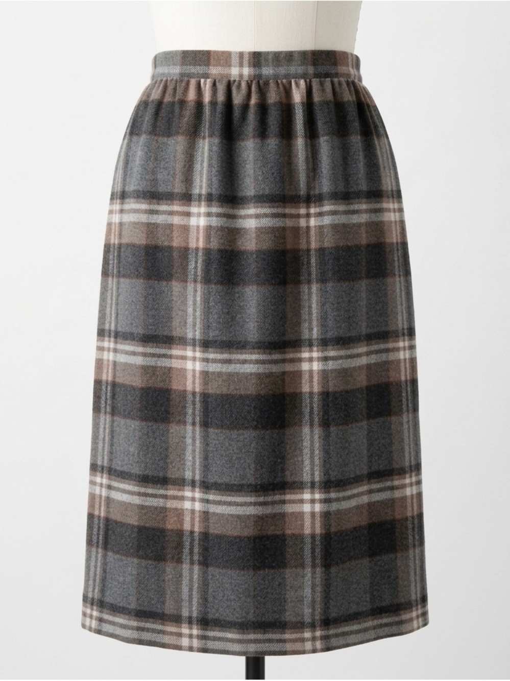 Vintage 80s Wool Blend Gray Tan Heritage Plaid A-Line Skirt Made in Japan Sz 14